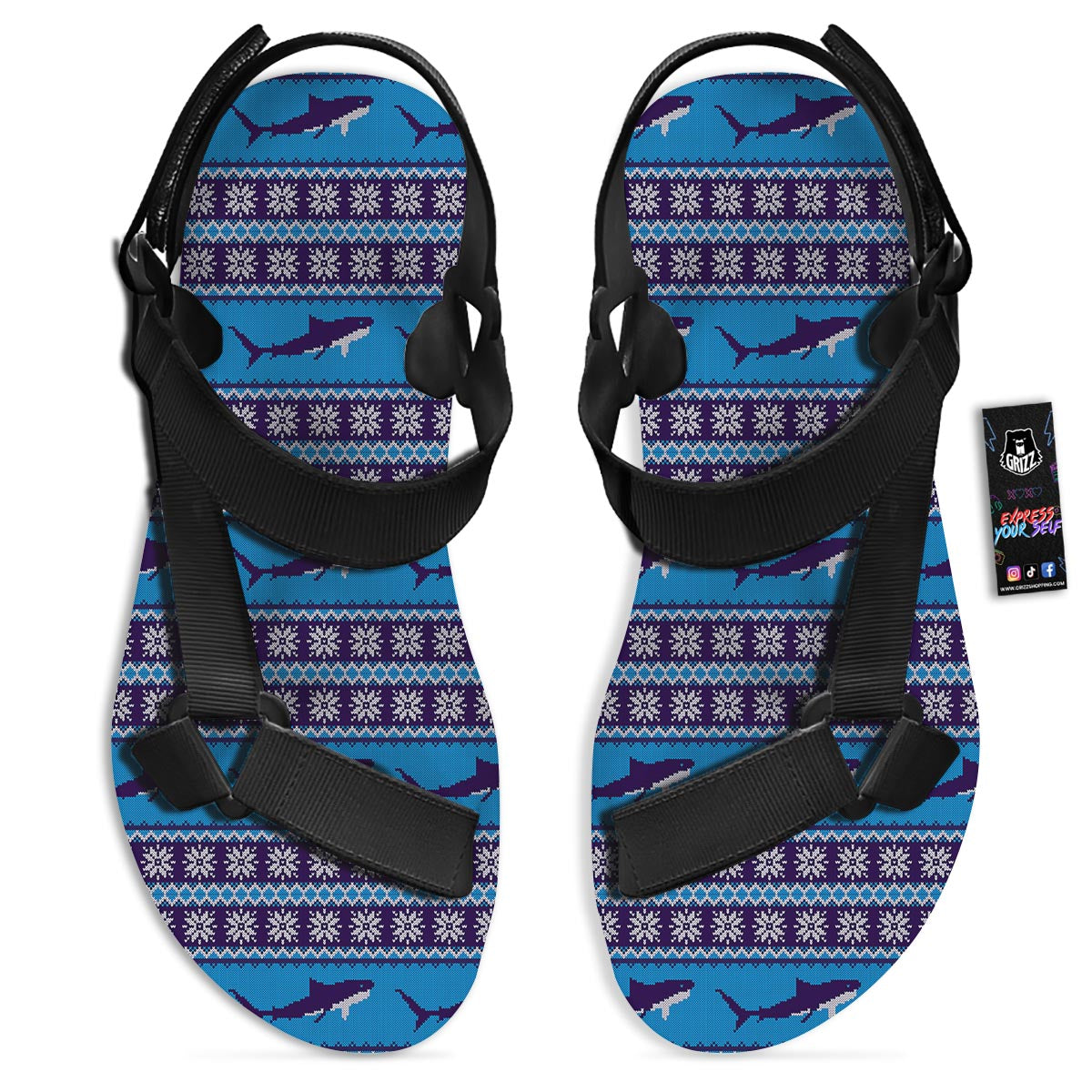 Knitted Shark Print Pattern Black Open Toe Sandals-grizzshop