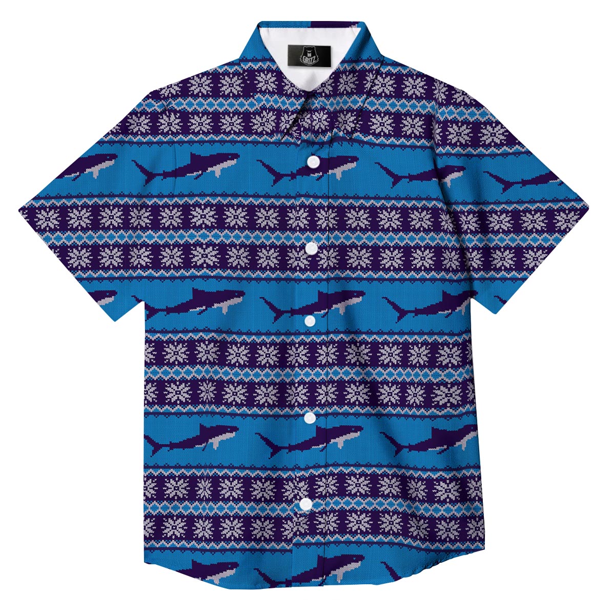 Knitted Shark Print Pattern Button Up Shirt-grizzshop