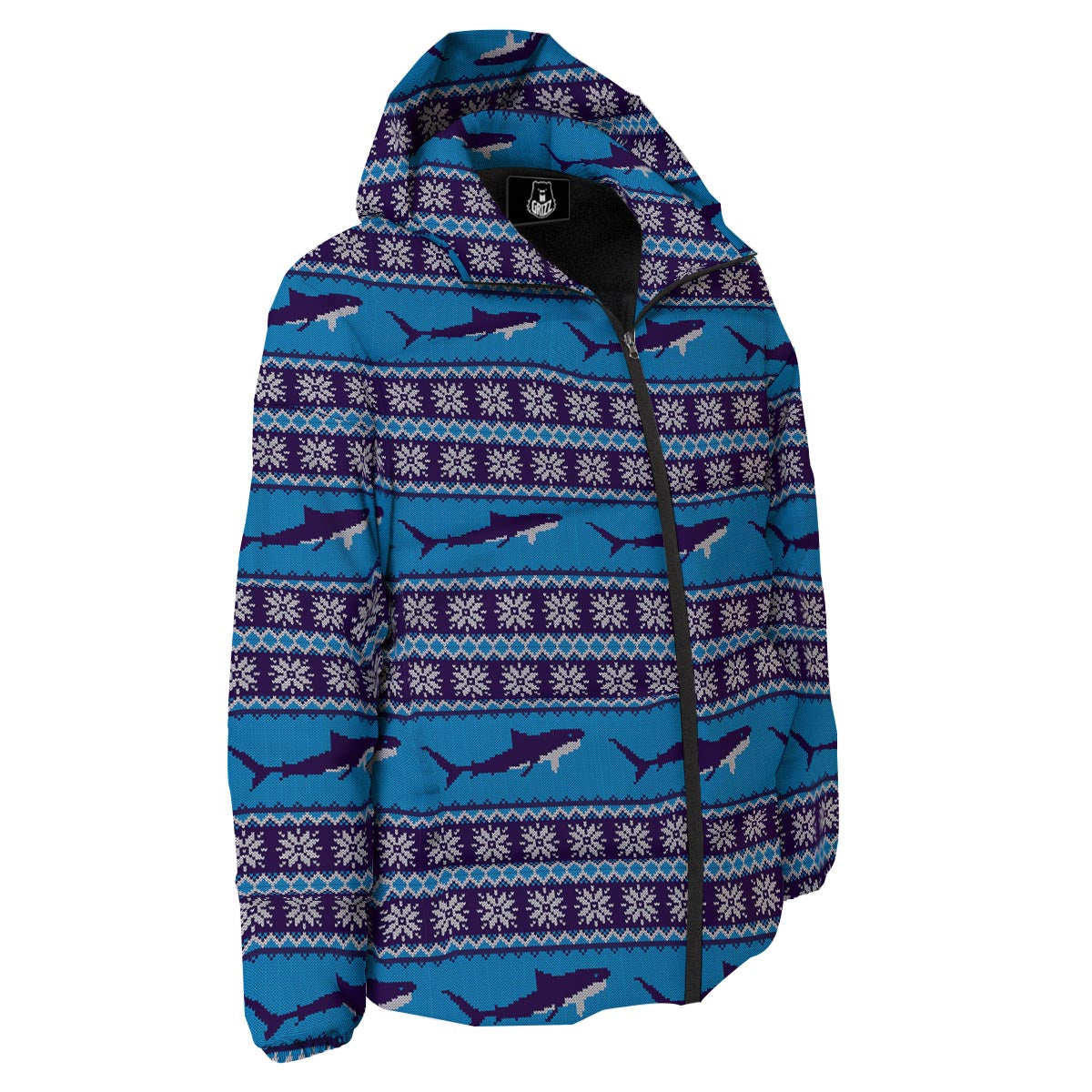 Knitted Shark Print Pattern Down Jacket-grizzshop