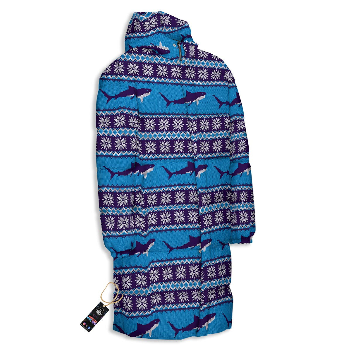 Knitted Shark Print Pattern Long Down Jacket-grizzshop