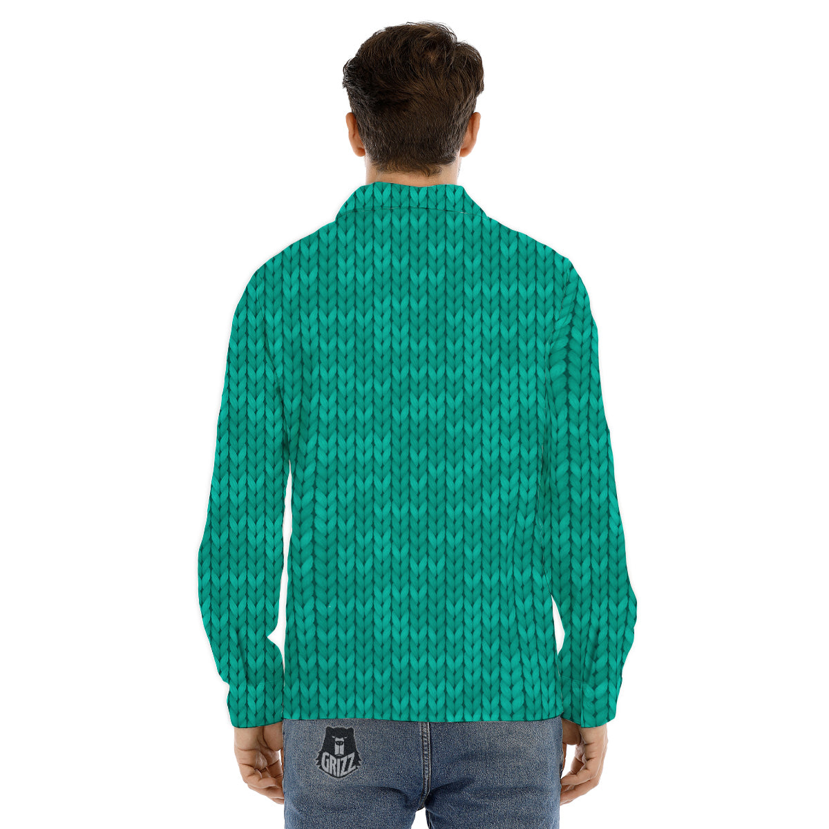 Knitted Shark Print Pattern Men's Dress Shirts-grizzshop