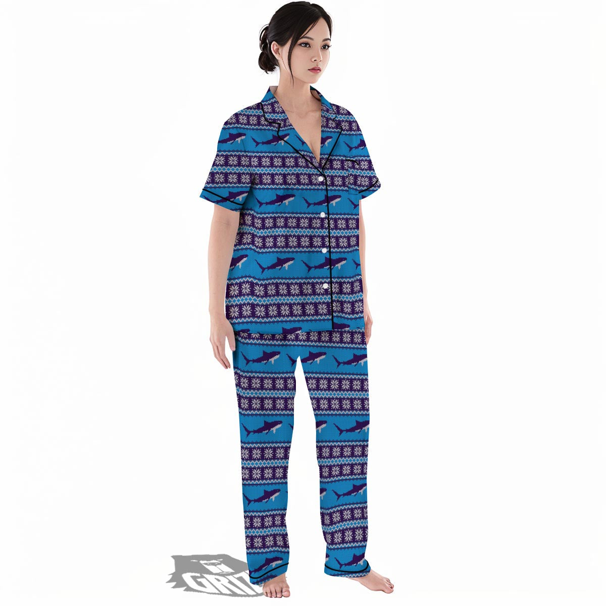 Knitted Shark Print Pattern Women's Pajamas Set-grizzshop