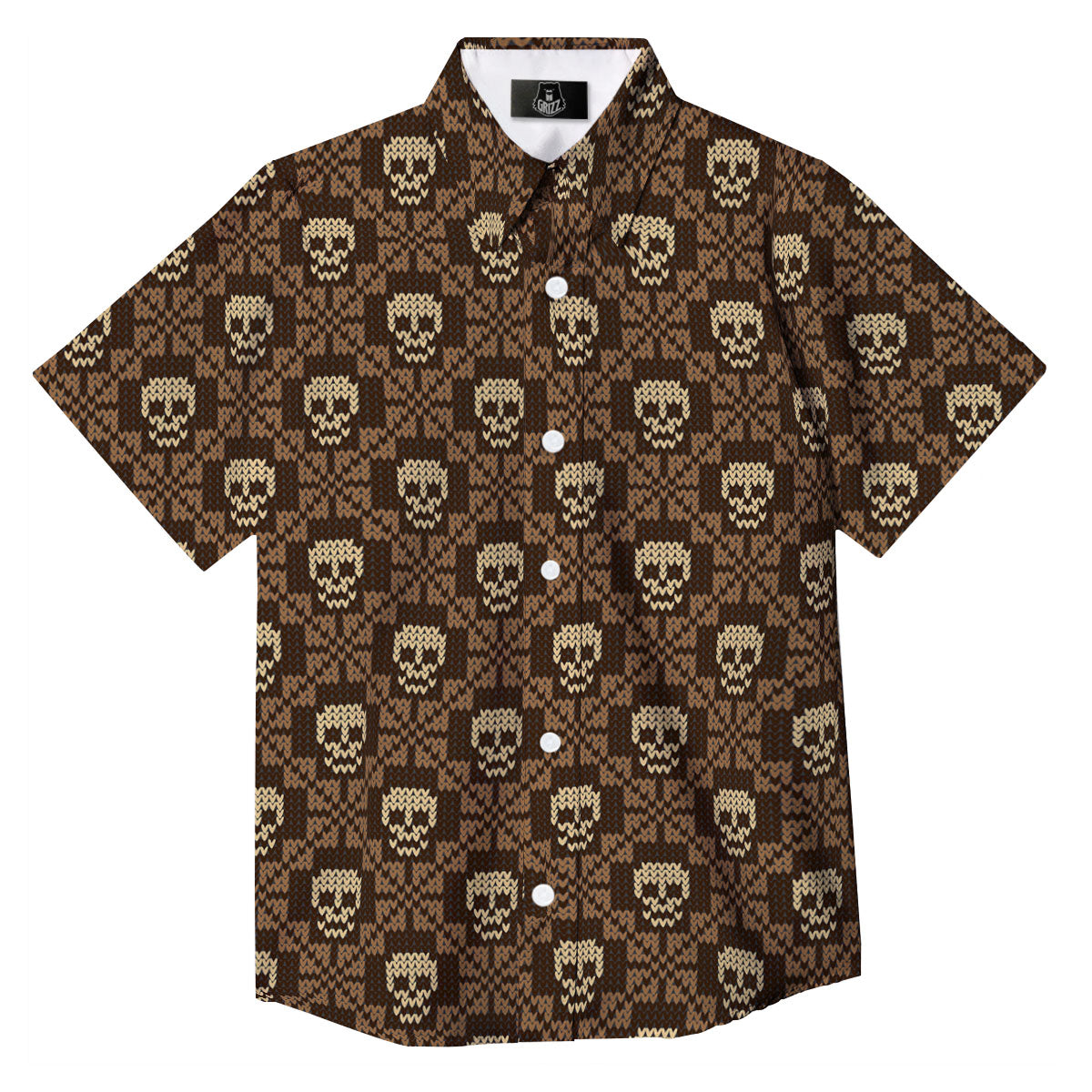 Knitted Skull Print Pattern Button Up Shirt-grizzshop