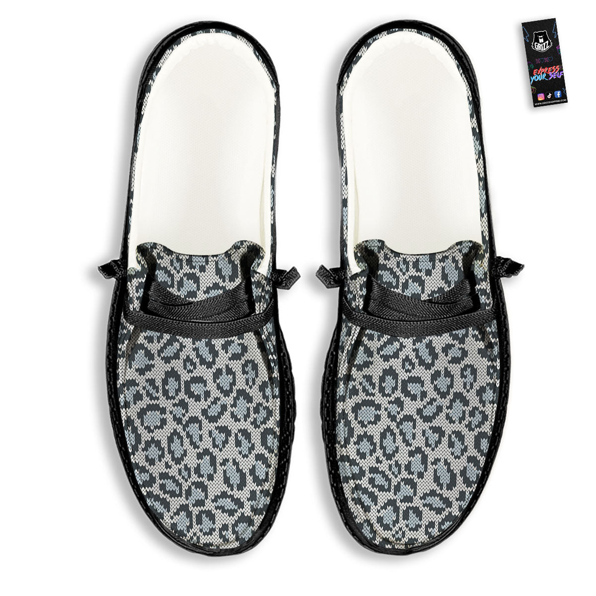 Knitted Snow Leopard Print Pattern Black Loafers-grizzshop