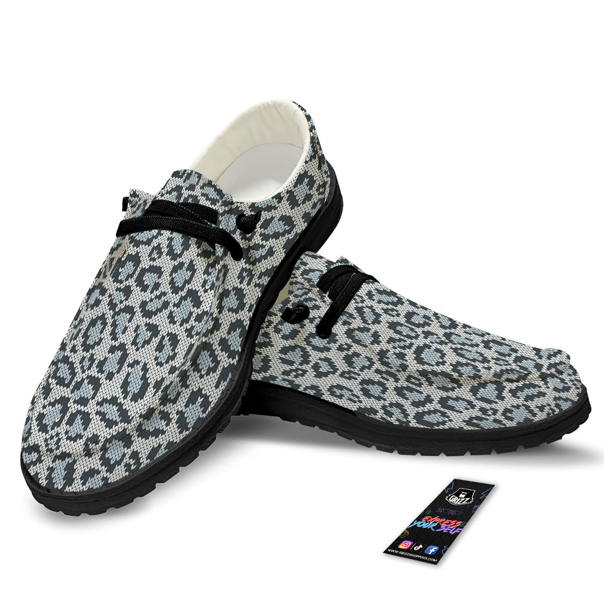 Knitted Snow Leopard Print Pattern Black Loafers-grizzshop