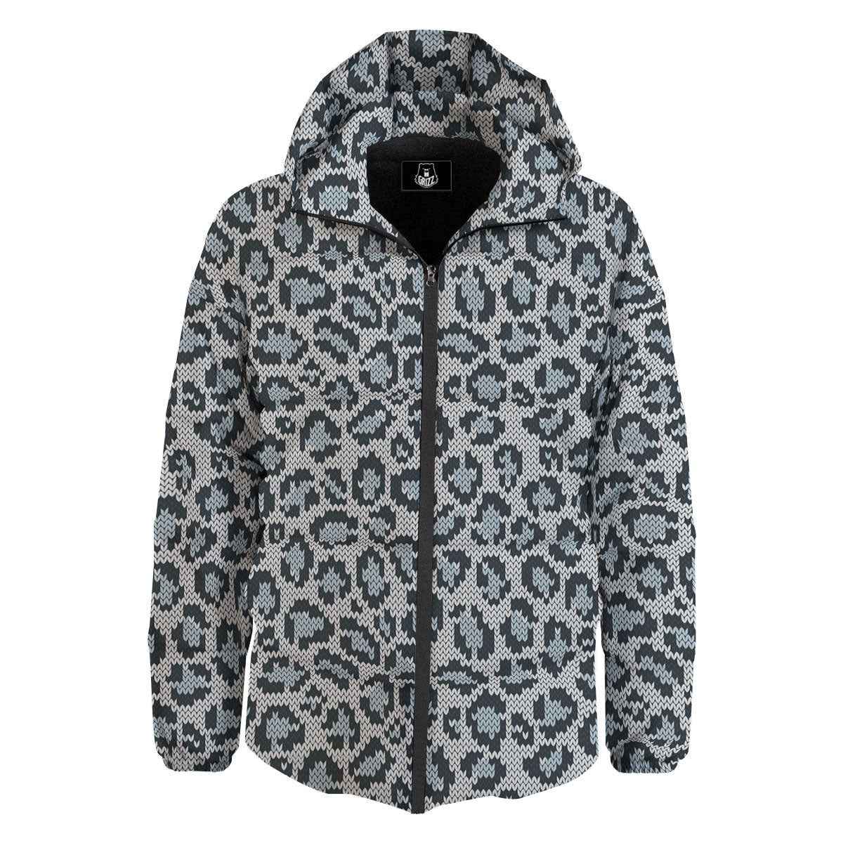 Knitted Snow Leopard Print Pattern Down Jacket-grizzshop