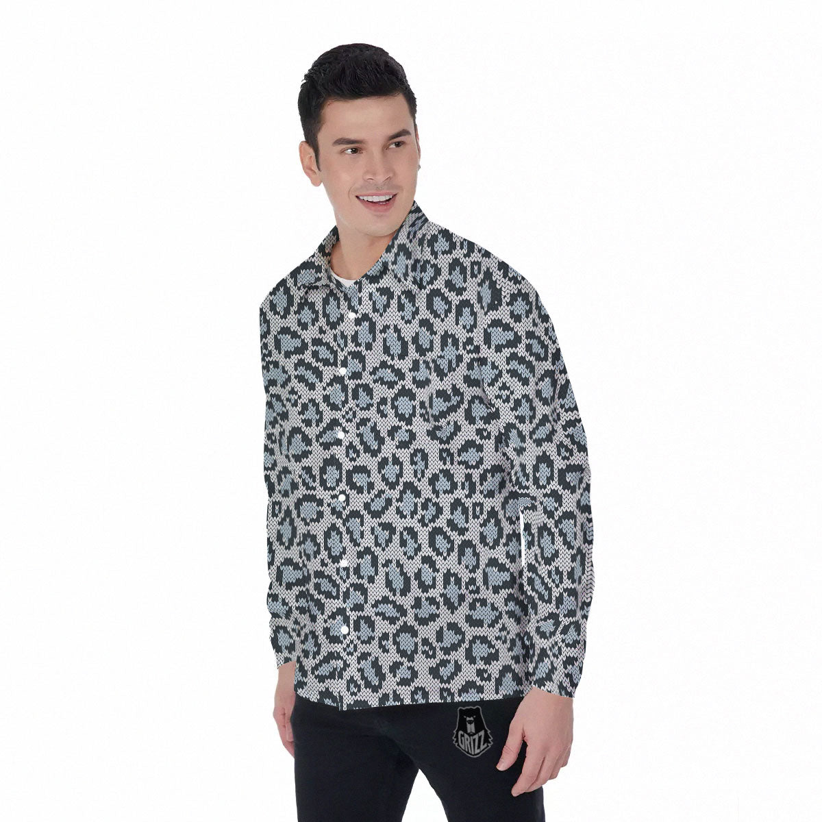 Knitted Snow Leopard Print Pattern Men's Long Sleeve Shirts-grizzshop