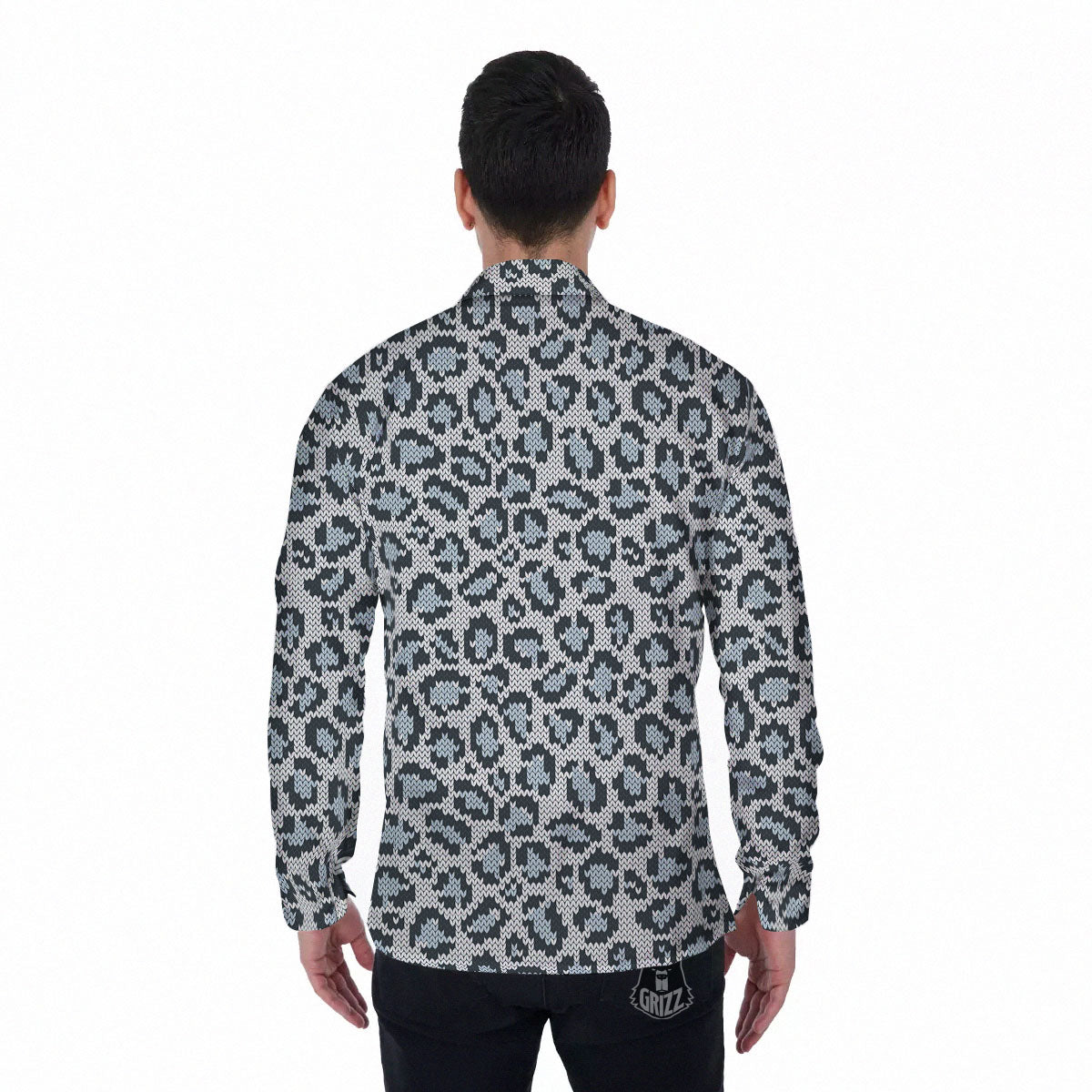 Knitted Snow Leopard Print Pattern Men's Long Sleeve Shirts-grizzshop