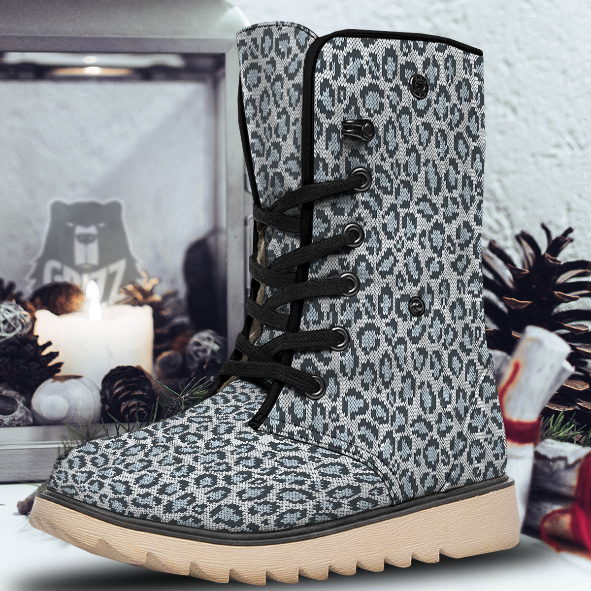 Knitted Snow Leopard Print Pattern Snow Boots-grizzshop