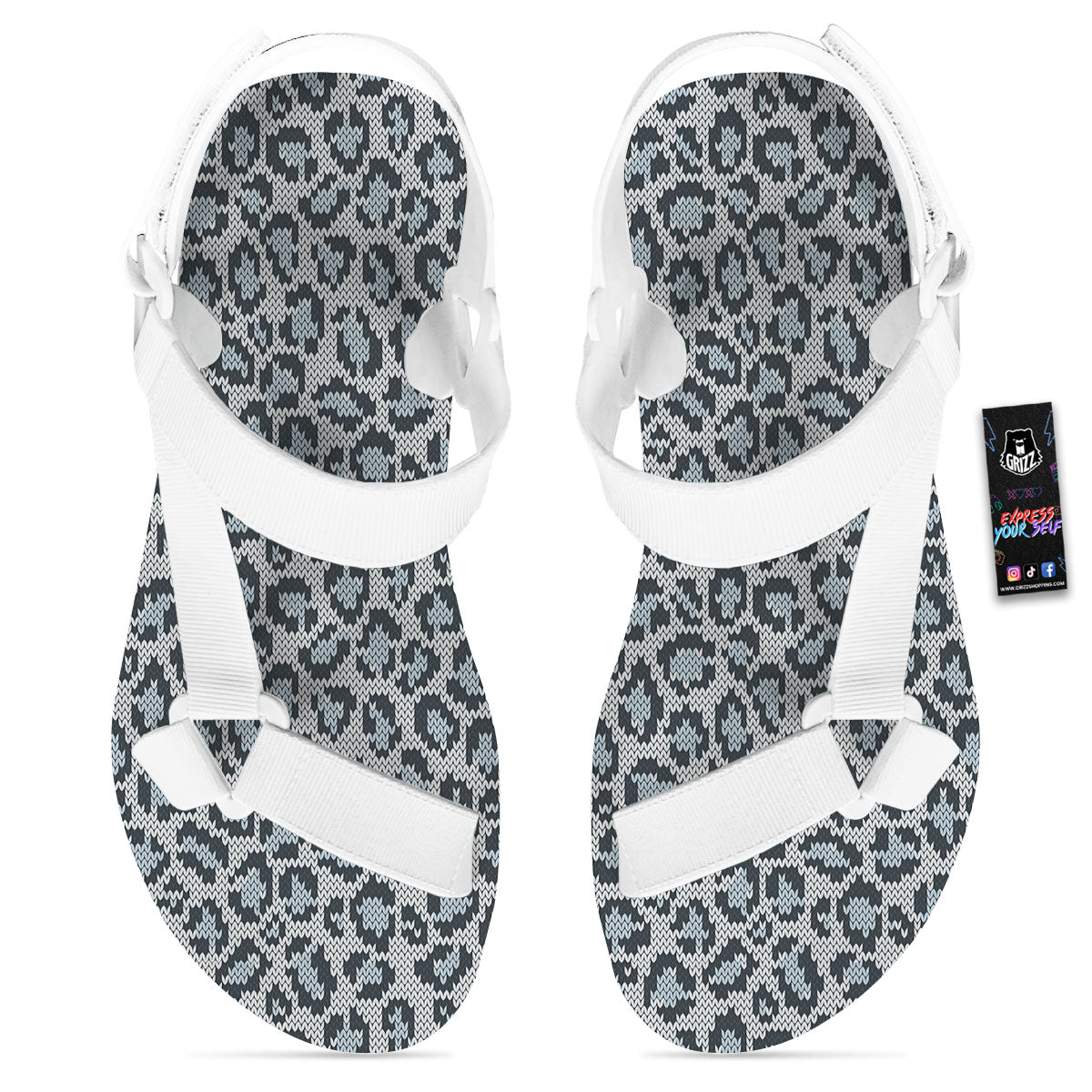 Knitted Snow Leopard Print Pattern White Open Toe Sandals-grizzshop