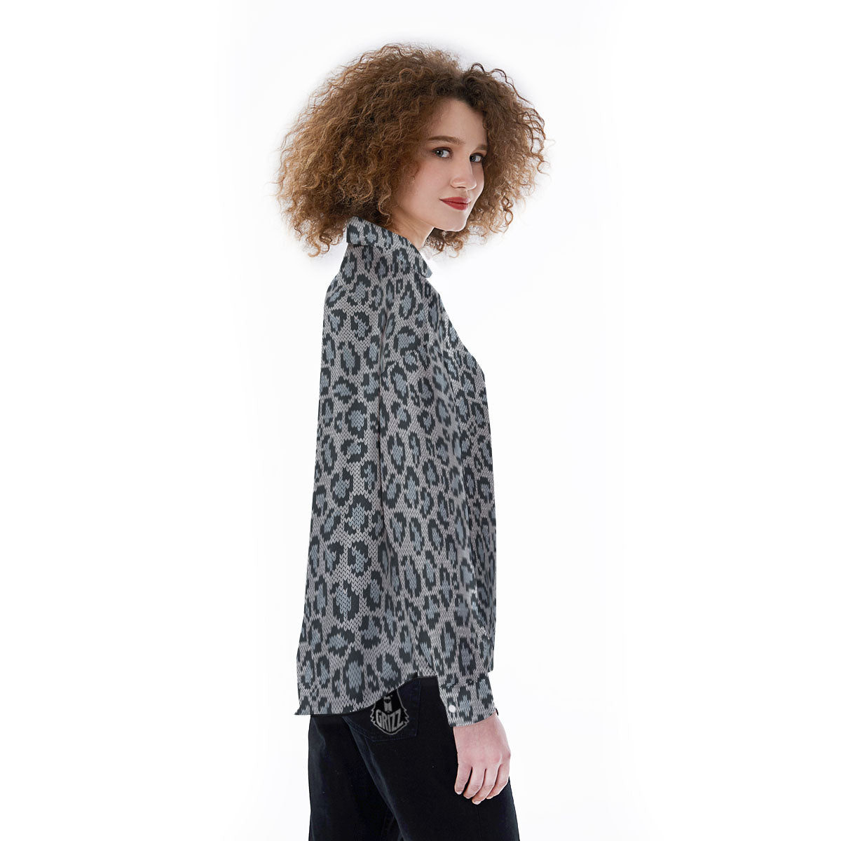Knitted Snow Leopard Print Pattern Women's Long Sleeve Shirts-grizzshop