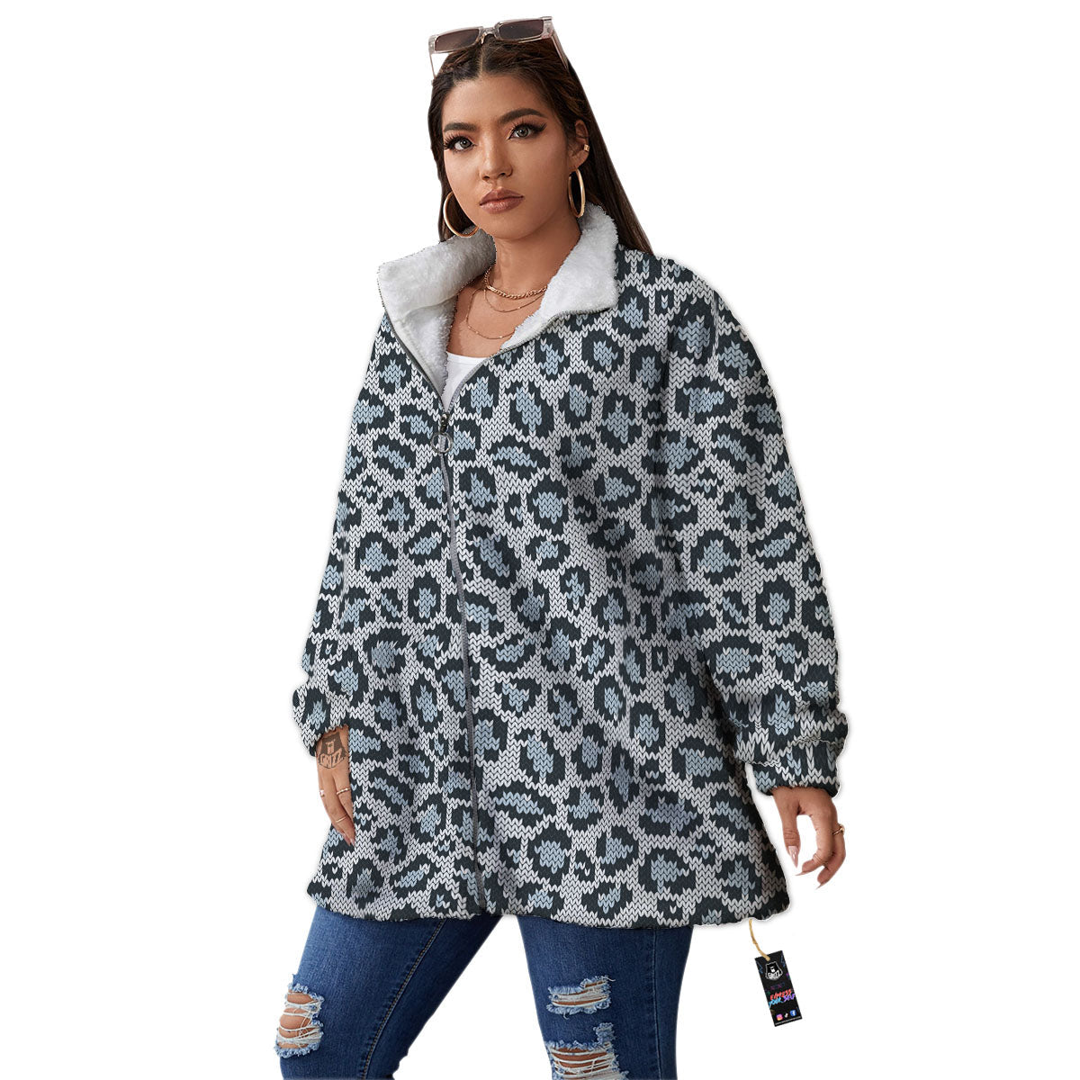 Knitted Snow Leopard Print Pattern Women's Sherpa Jacket-grizzshop