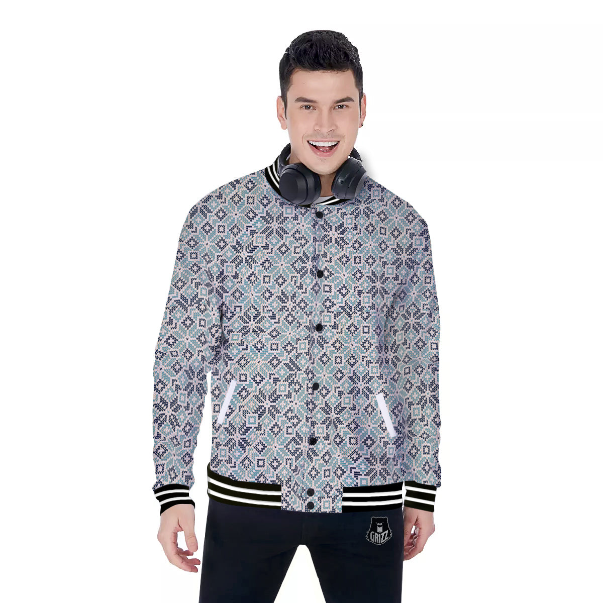 Knitted Snow Print Pattern Baseball Jacket-grizzshop