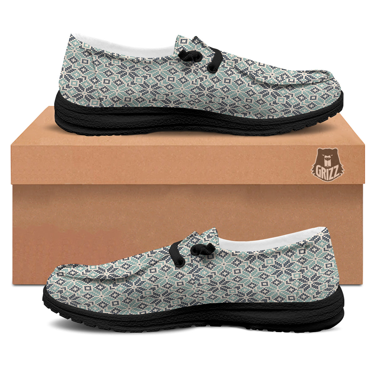 Knitted Snow Print Pattern Black Loafers-grizzshop