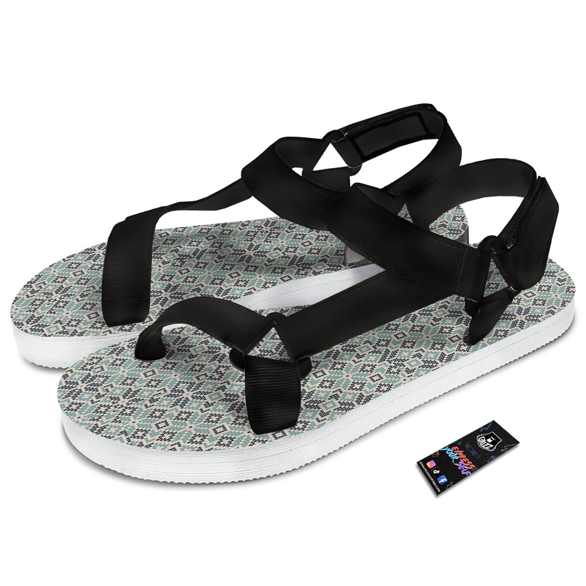 Knitted Snow Print Pattern Black Open Toe Sandals-grizzshop