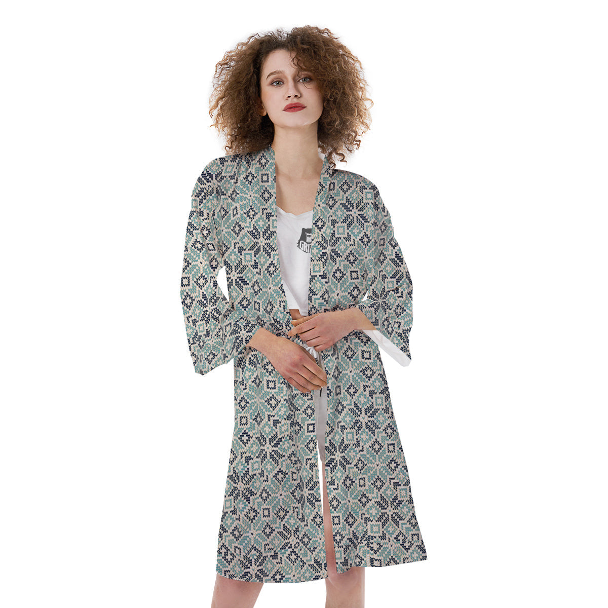 Knitted Snow Print Pattern Kimono-grizzshop