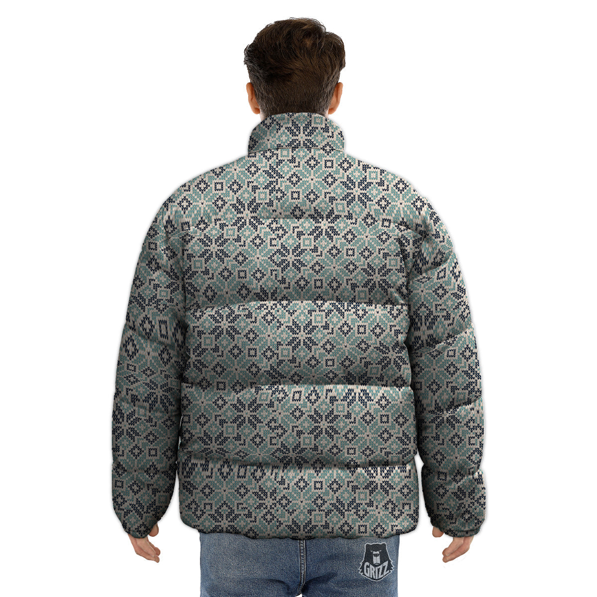 Knitted Snow Print Pattern Puffer Jacket-grizzshop