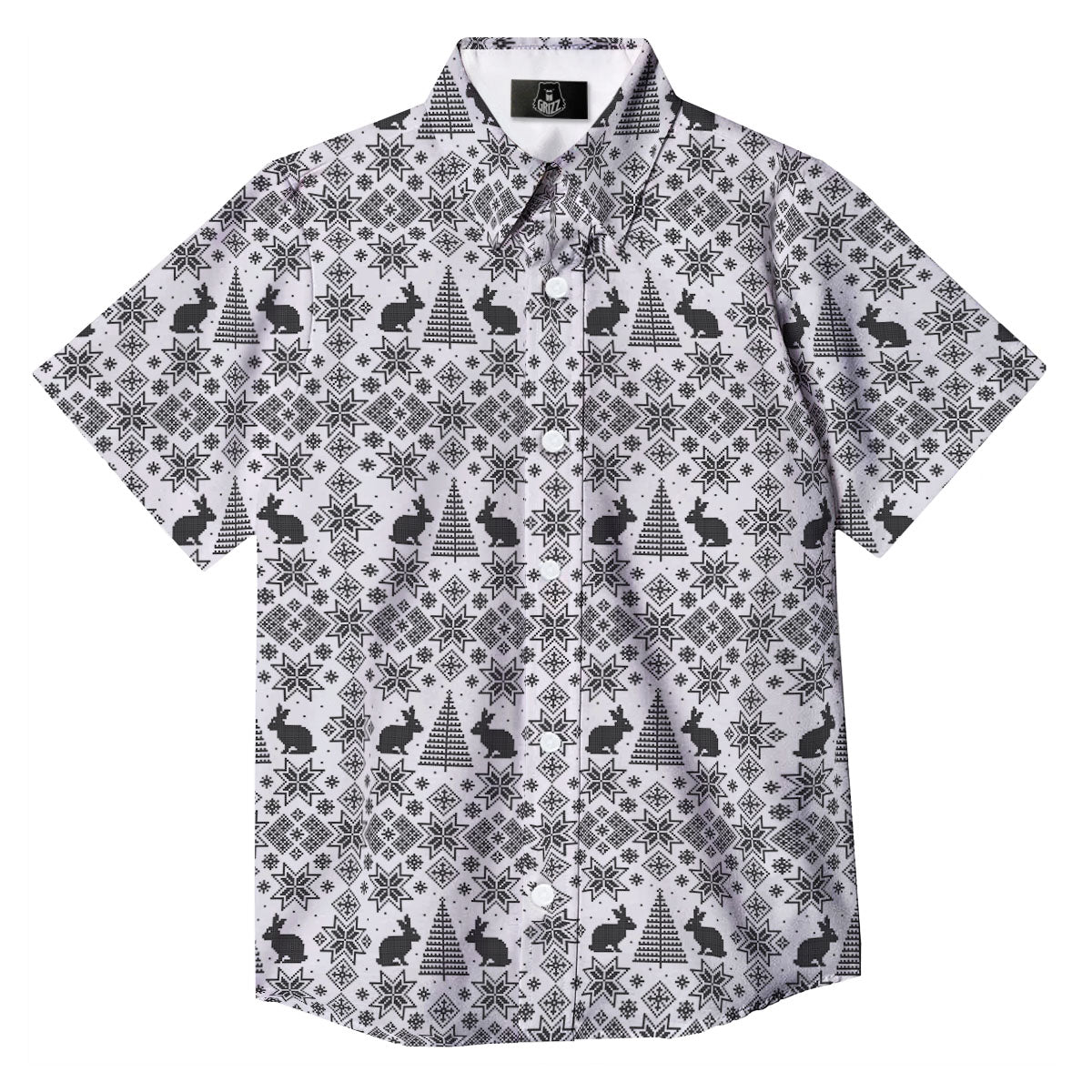 Knitted Snow Rabbit Print Pattern Button Up Shirt-grizzshop
