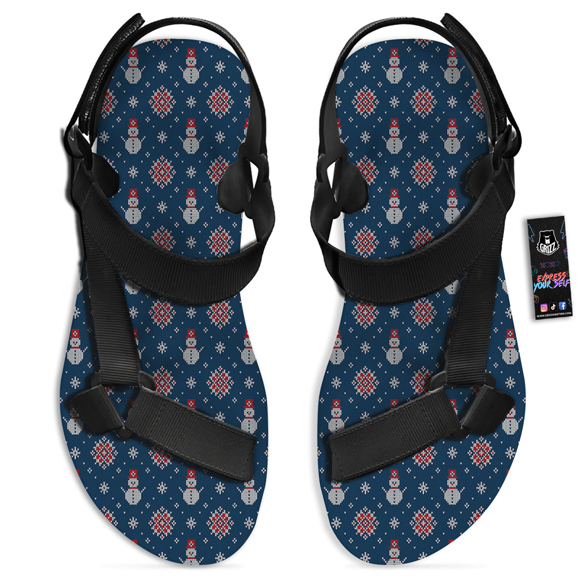 Knitted Snowman Print Pattern Black Open Toe Sandals-grizzshop