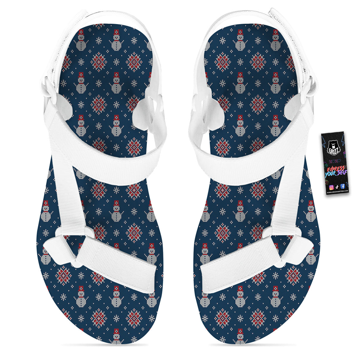 Knitted Snowman Print Pattern White Open Toe Sandals-grizzshop