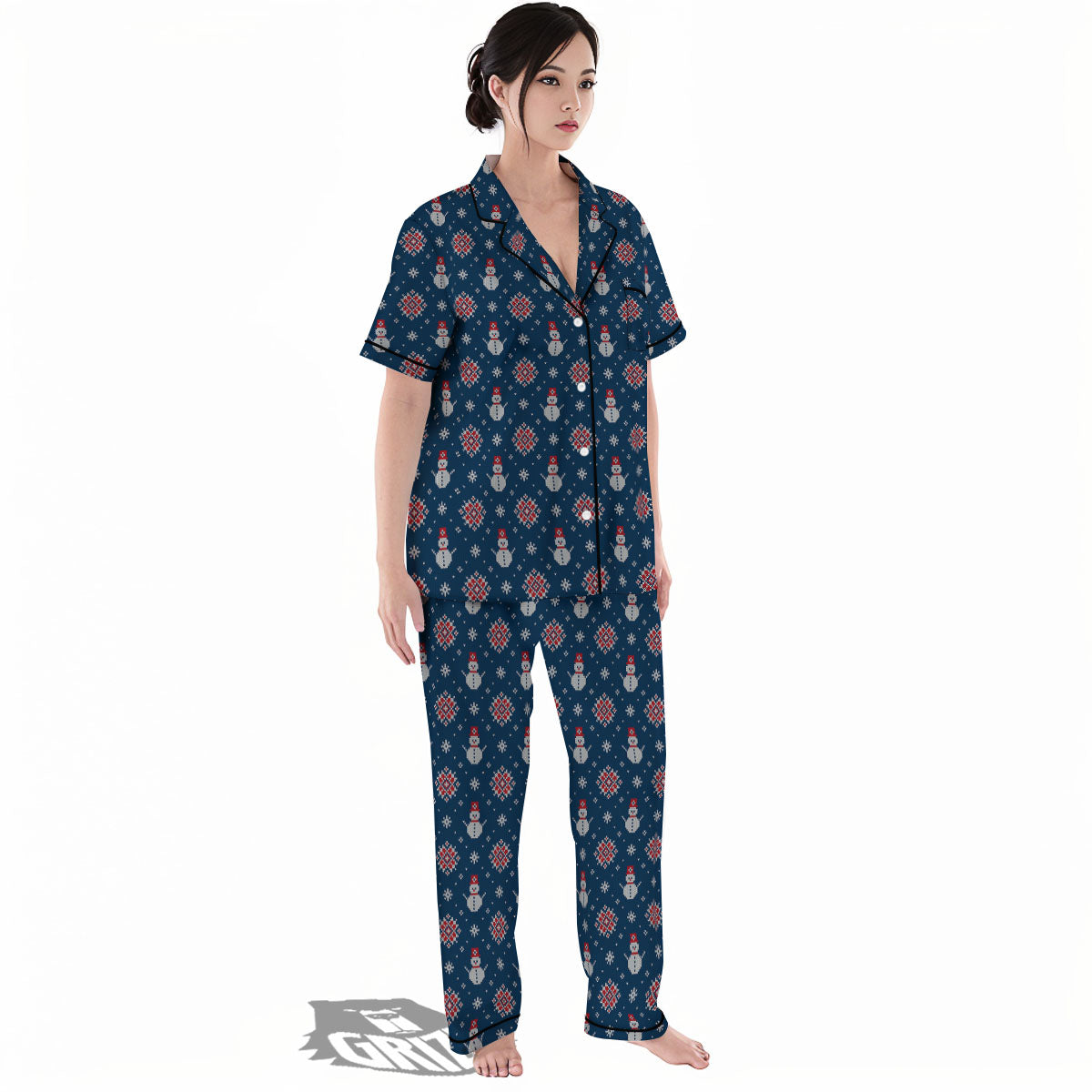 Knitted Snowman Print Pattern Women's Pajamas Set-grizzshop
