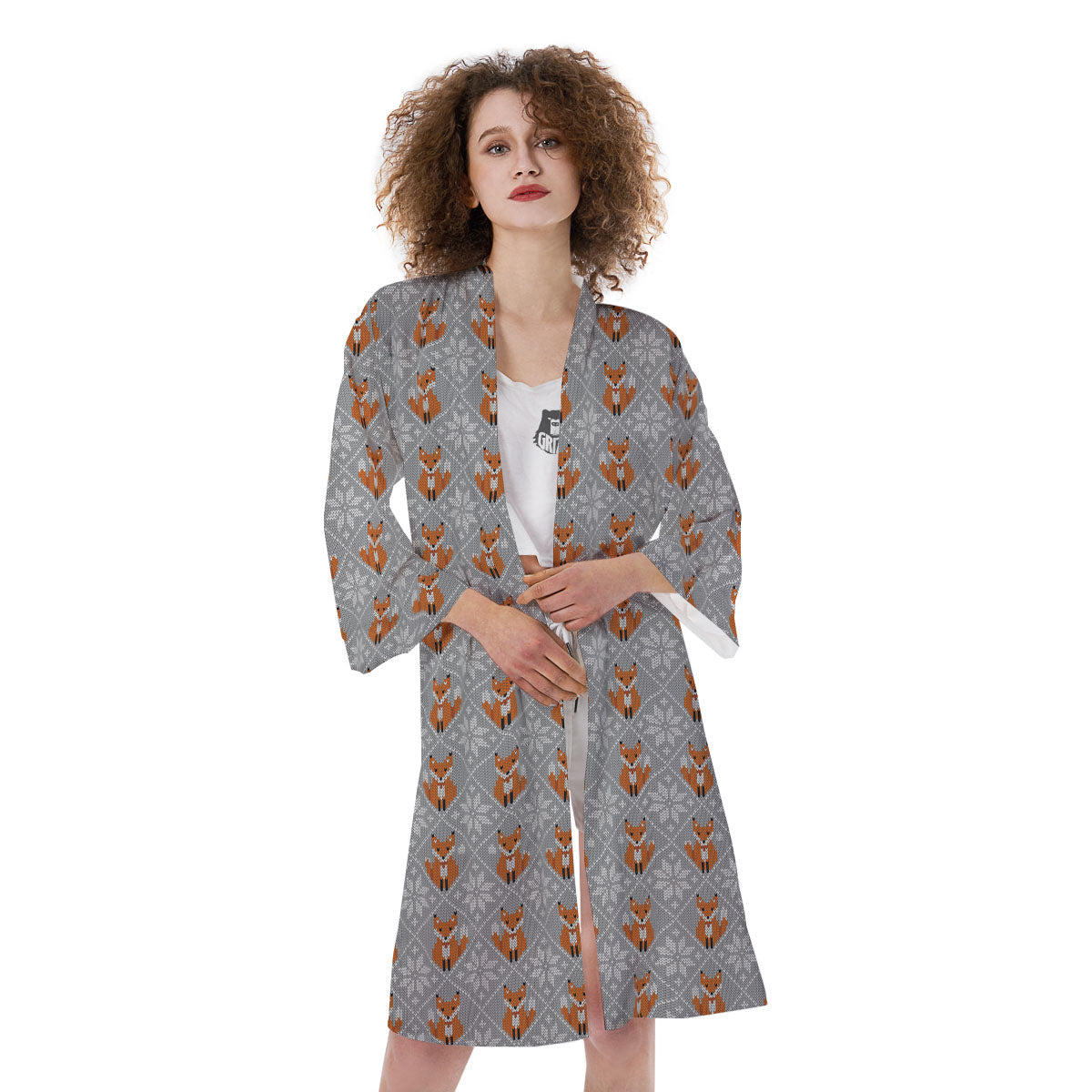 Knitted Snowy Fox Print Pattern Kimono-grizzshop