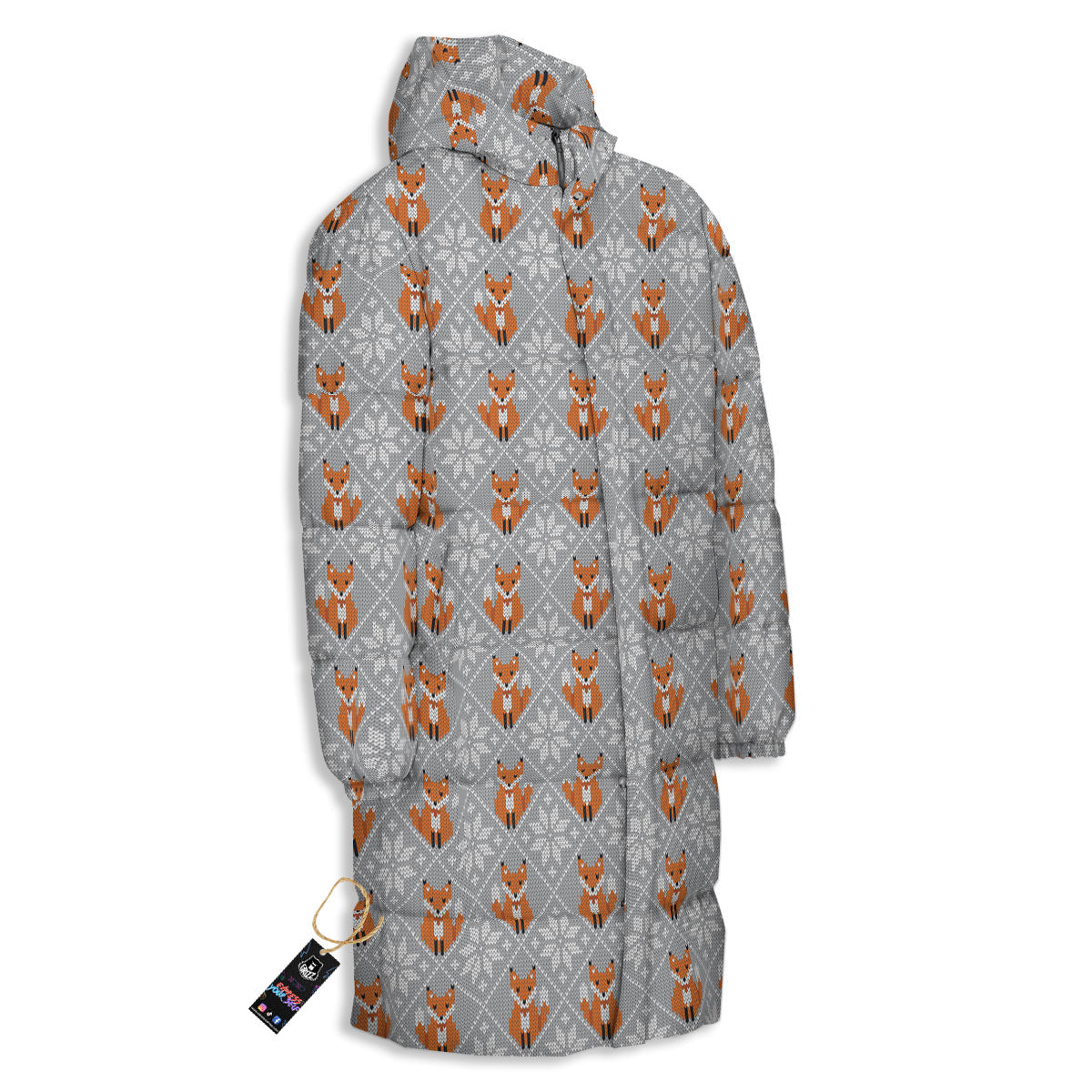 Knitted Snowy Fox Print Pattern Long Down Jacket-grizzshop
