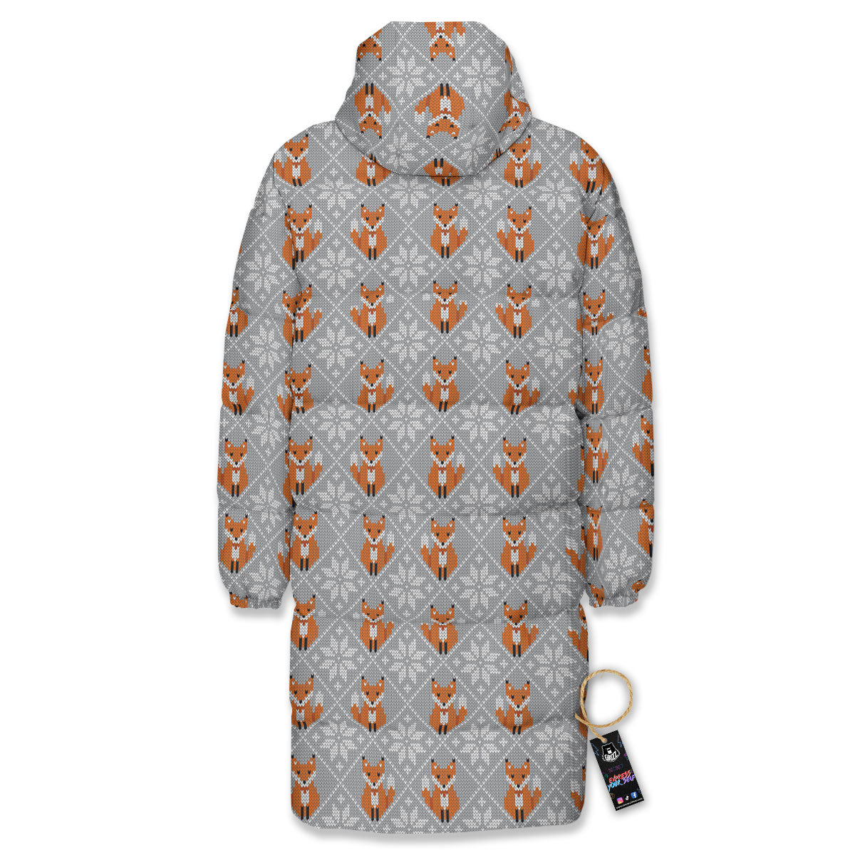 Knitted Snowy Fox Print Pattern Long Down Jacket-grizzshop