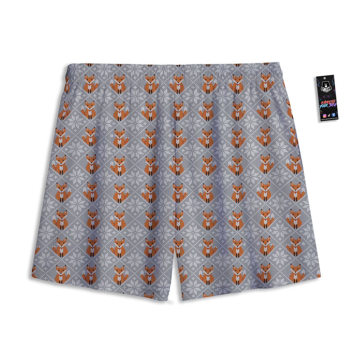 Knitted Snowy Fox Print Pattern Mesh Shorts