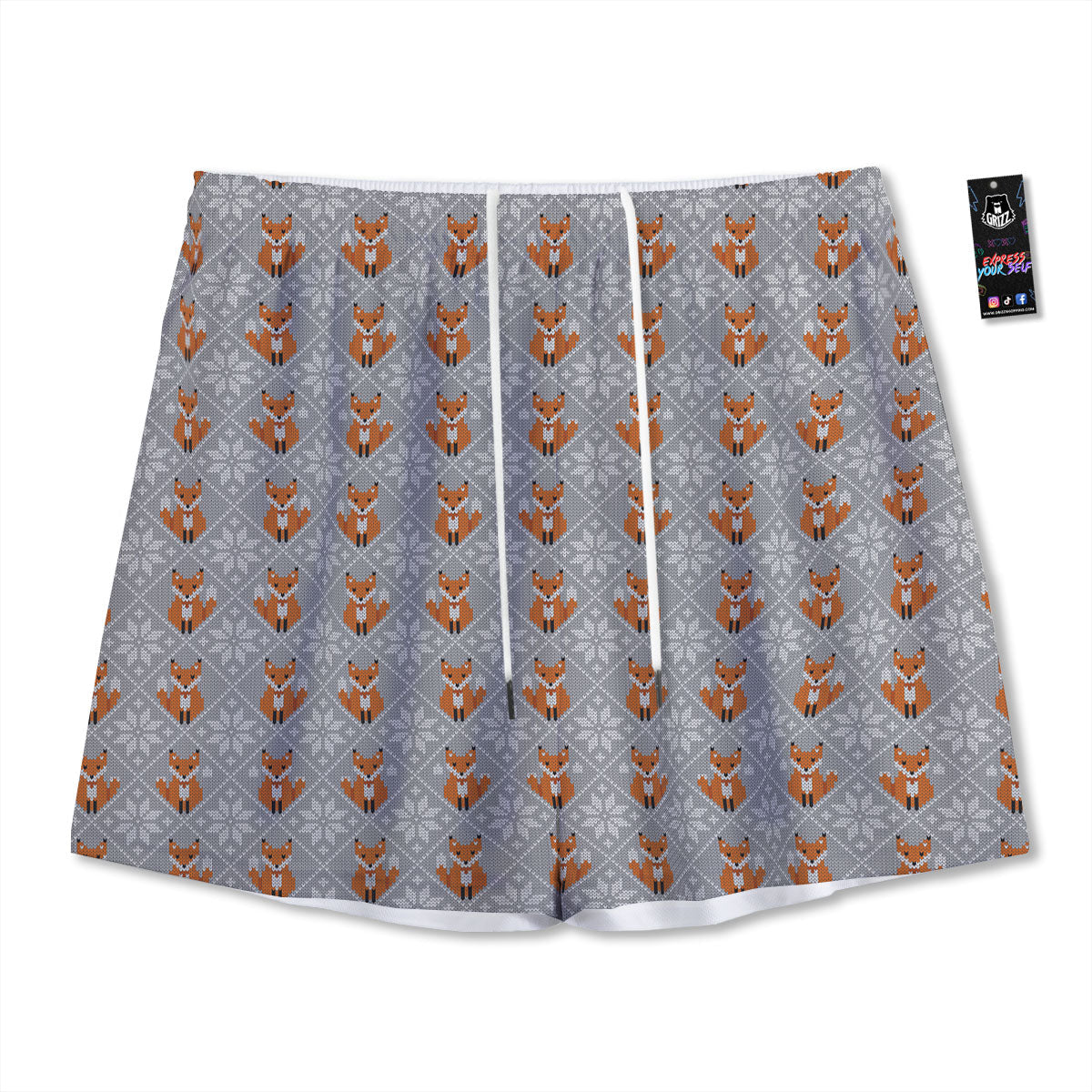 Knitted Snowy Fox Print Pattern Mesh Shorts