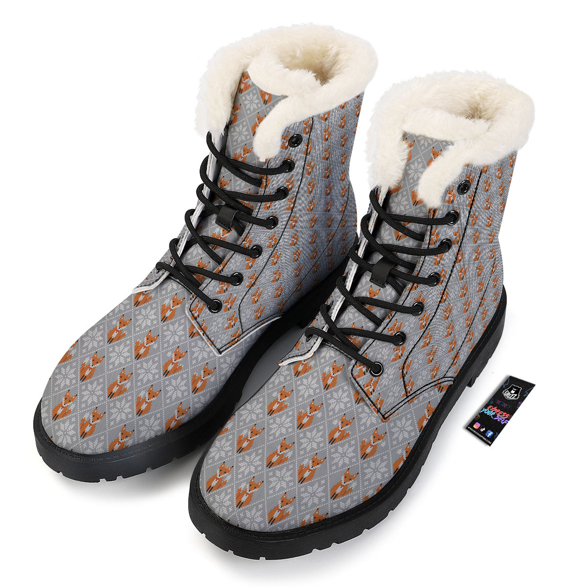 Knitted Snowy Fox Print Pattern Winter Boots-grizzshop