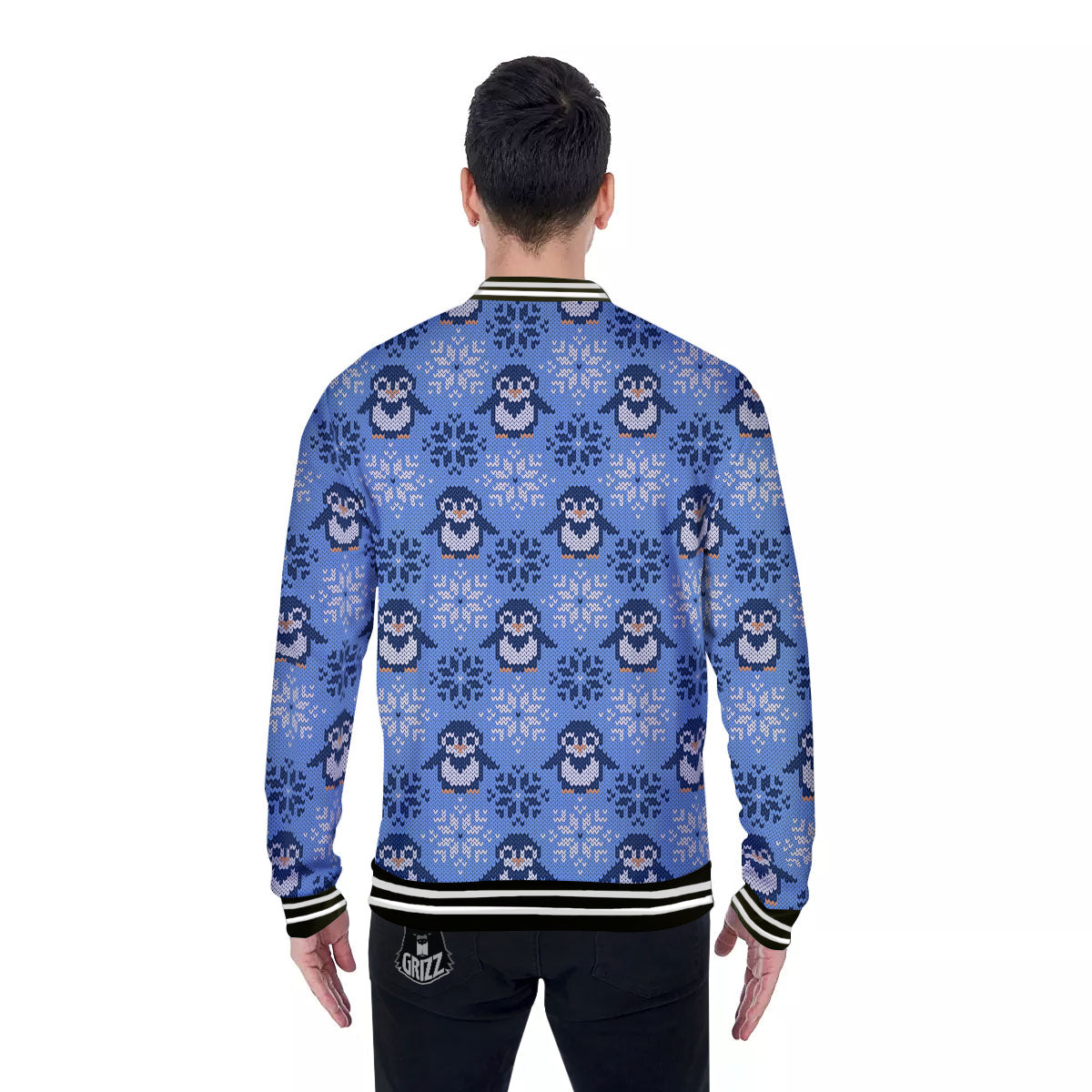 Knitted Snowy Penguin Print Pattern Baseball Jacket-grizzshop