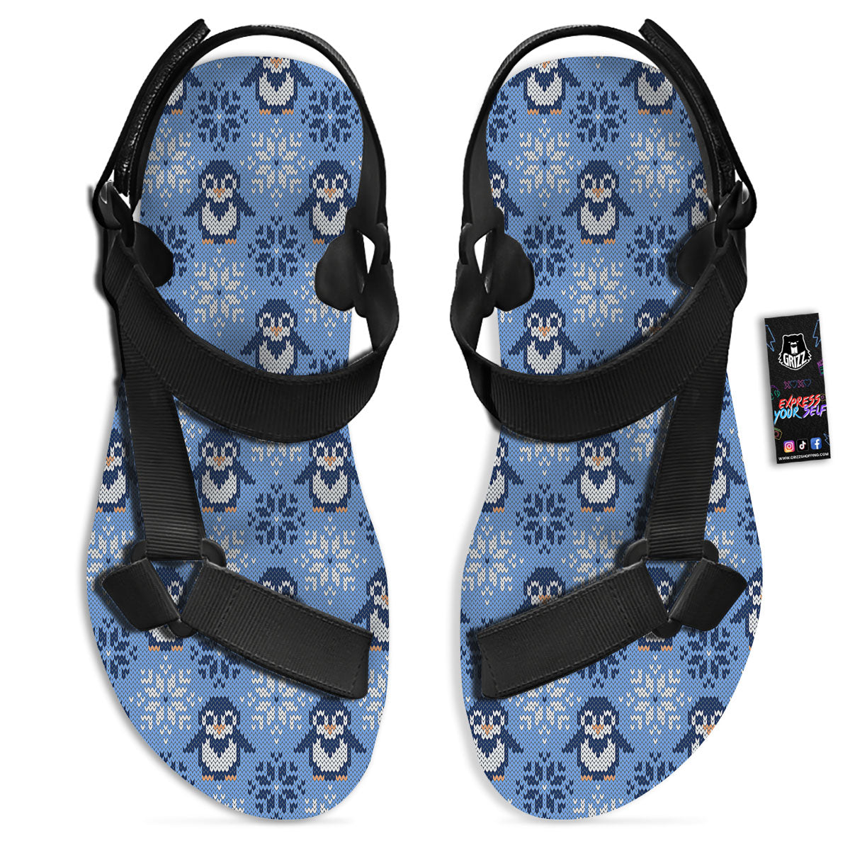 Knitted Snowy Penguin Print Pattern Black Open Toe Sandals-grizzshop