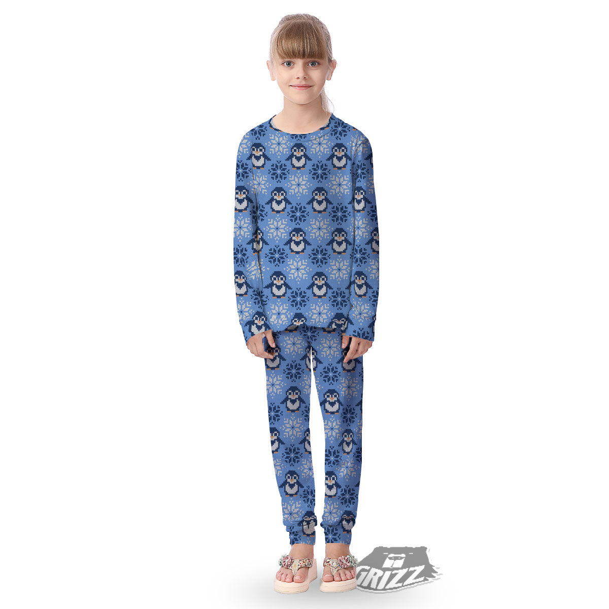 Knitted Snowy Penguin Print Pattern Kid's Pajamas-grizzshop