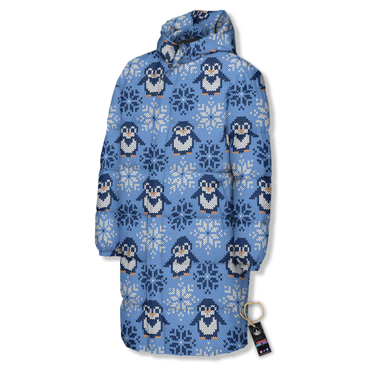 Knitted Snowy Penguin Print Pattern Long Down Jacket-grizzshop