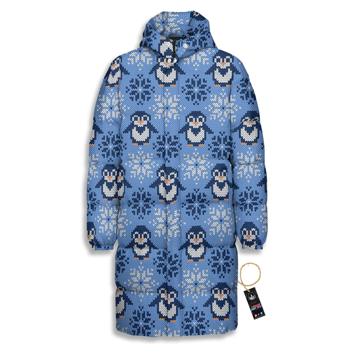 Knitted Snowy Penguin Print Pattern Long Down Jacket-grizzshop