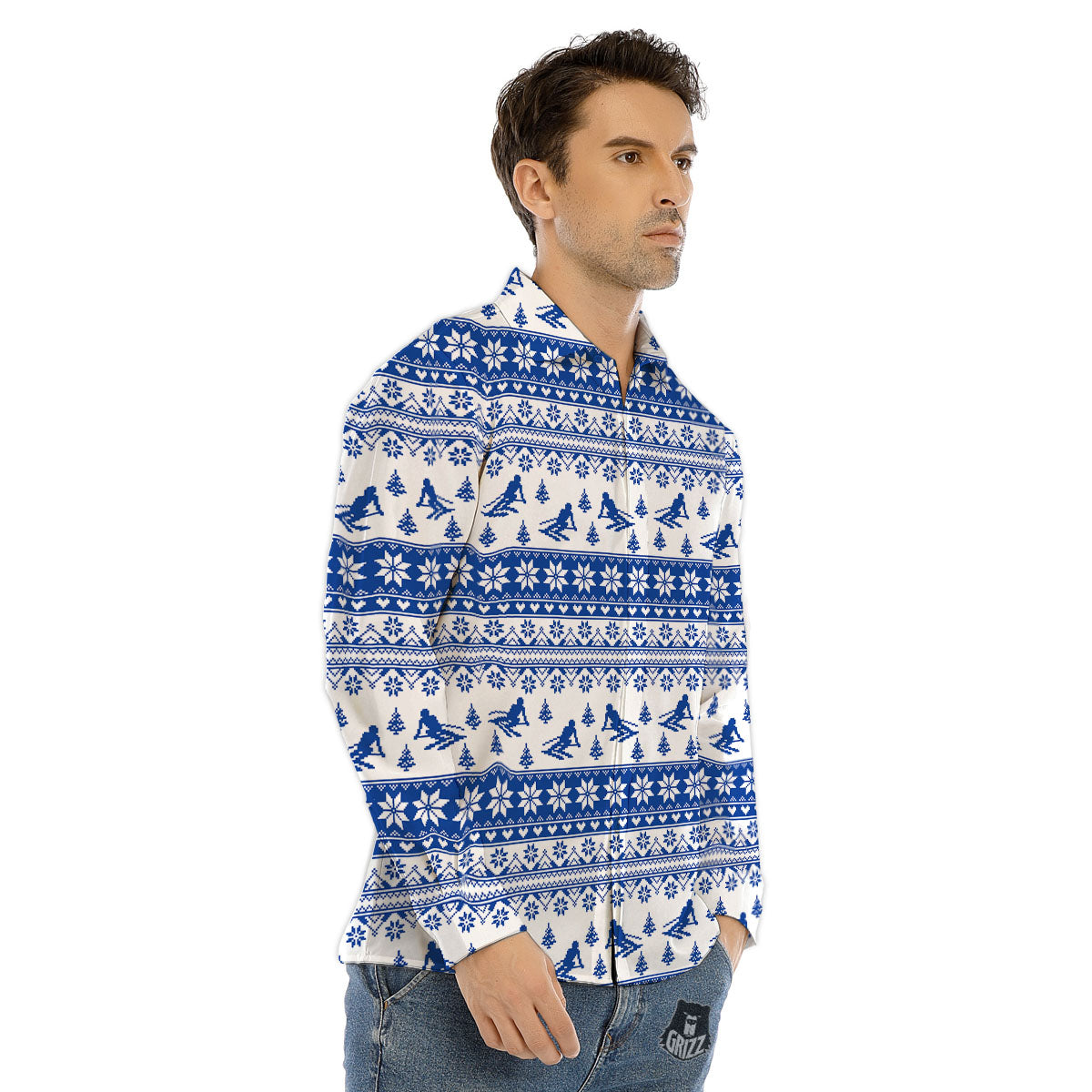 Knitted Snowy Penguin Print Pattern Men's Dress Shirts-grizzshop