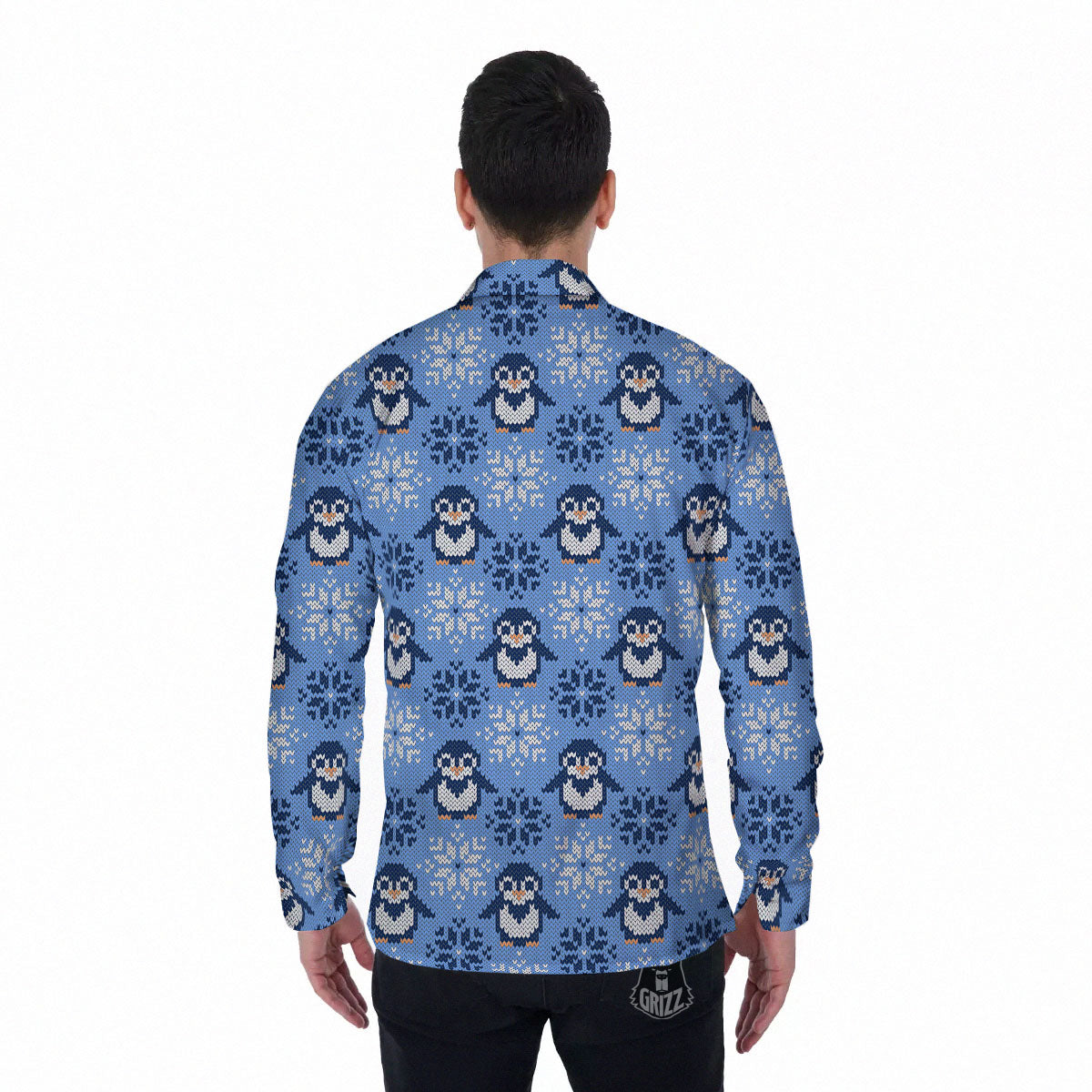 Knitted Snowy Penguin Print Pattern Men's Long Sleeve Shirts-grizzshop
