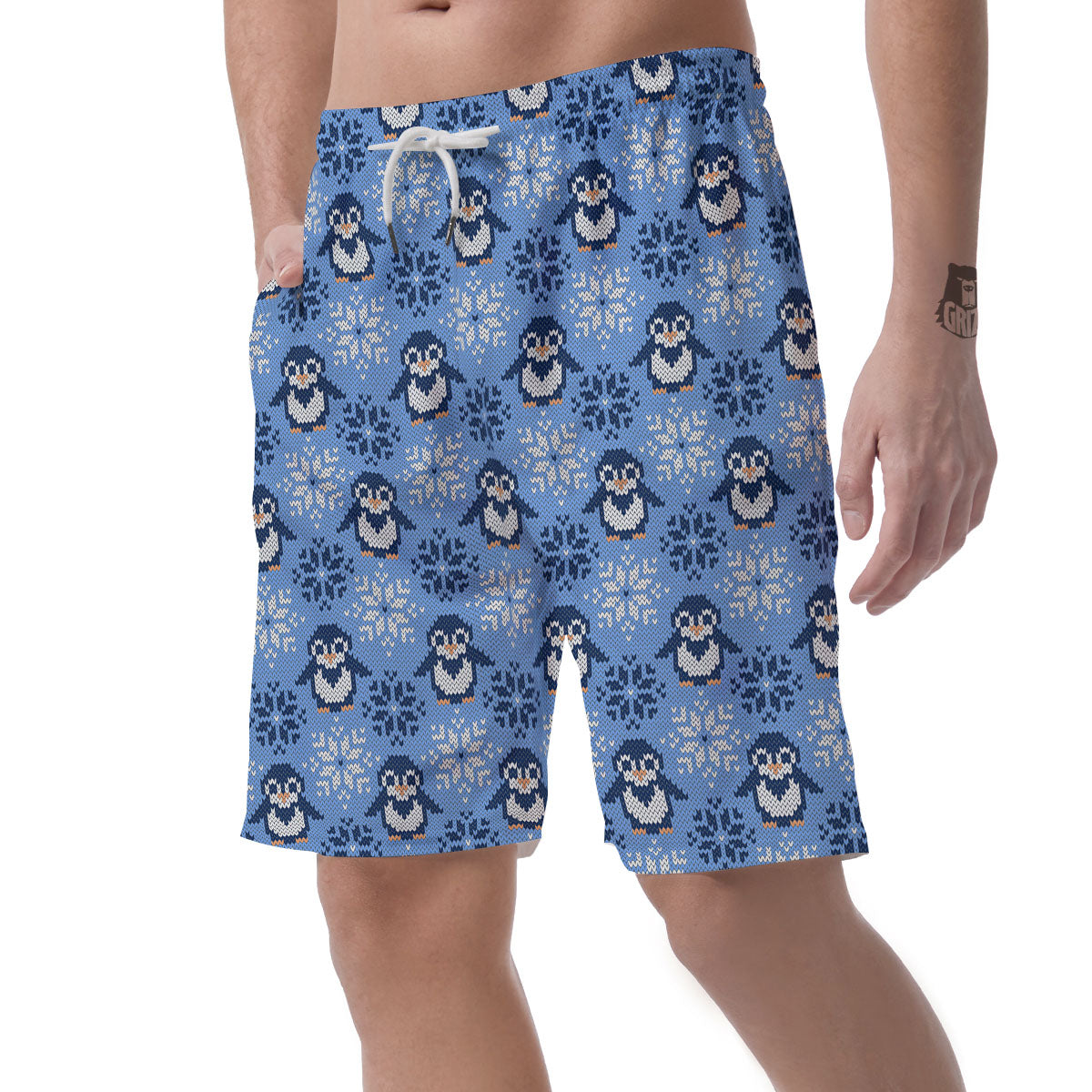 Knitted Snowy Penguin Print Pattern Men's Shorts-grizzshop
