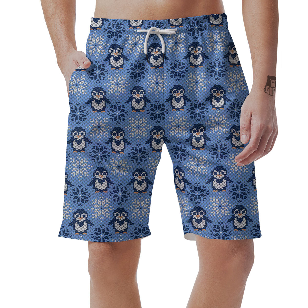 Knitted Snowy Penguin Print Pattern Men's Shorts-grizzshop