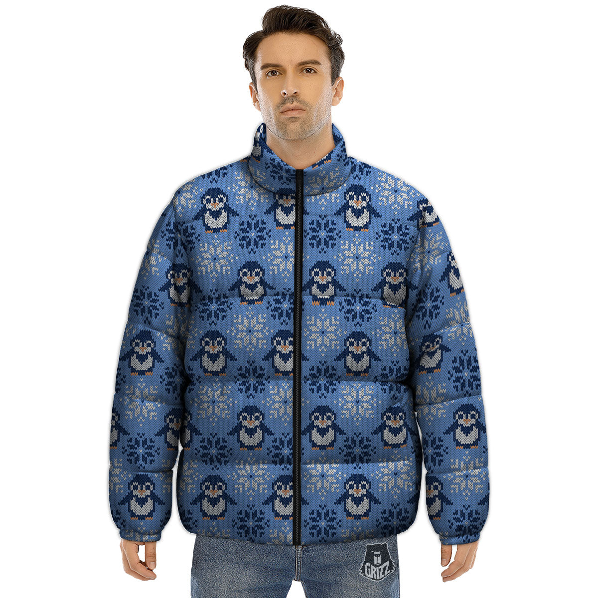 Knitted Snowy Penguin Print Pattern Puffer Jacket-grizzshop