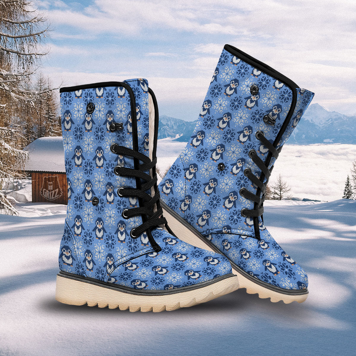 Knitted Snowy Penguin Print Pattern Snow Boots-grizzshop