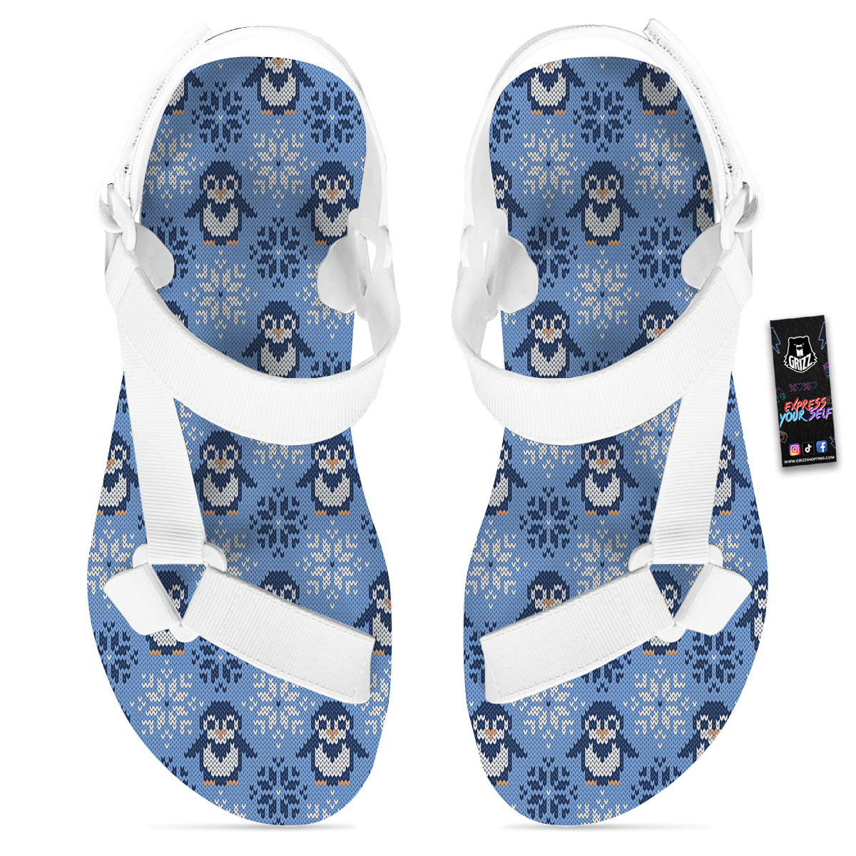Knitted Snowy Penguin Print Pattern White Open Toe Sandals-grizzshop