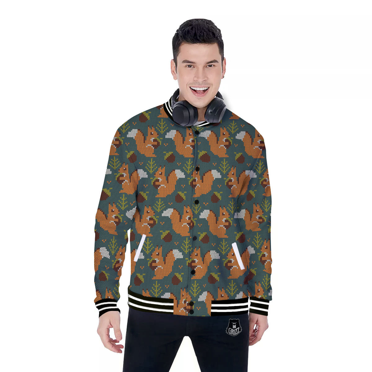 Knitted Squirrel Print Pattern Baseball Jacket-grizzshop