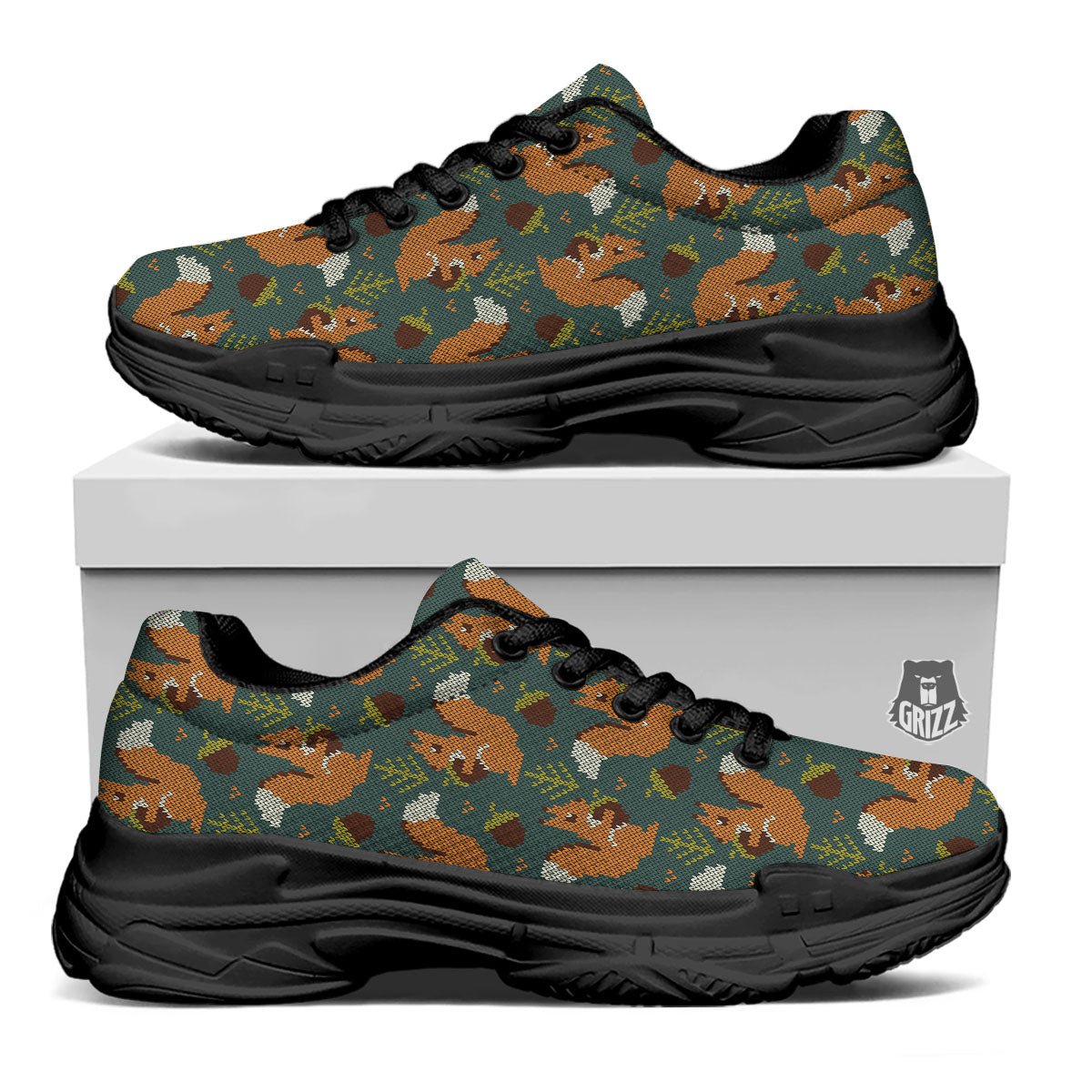 Knitted Squirrel Print Pattern Black Chunky Shoes-grizzshop