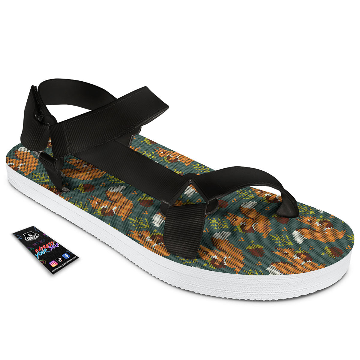 Knitted Squirrel Print Pattern Black Open Toe Sandals-grizzshop