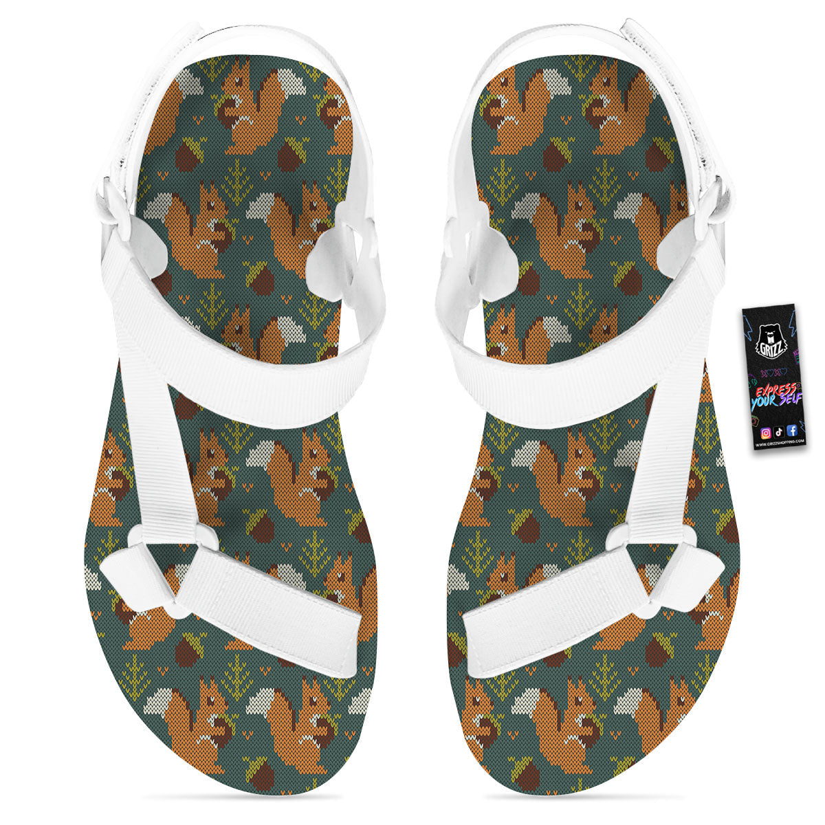 Knitted Squirrel Print Pattern White Open Toe Sandals-grizzshop
