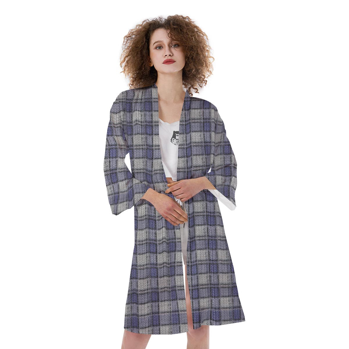 Knitted Tartan Print Pattern Kimono-grizzshop