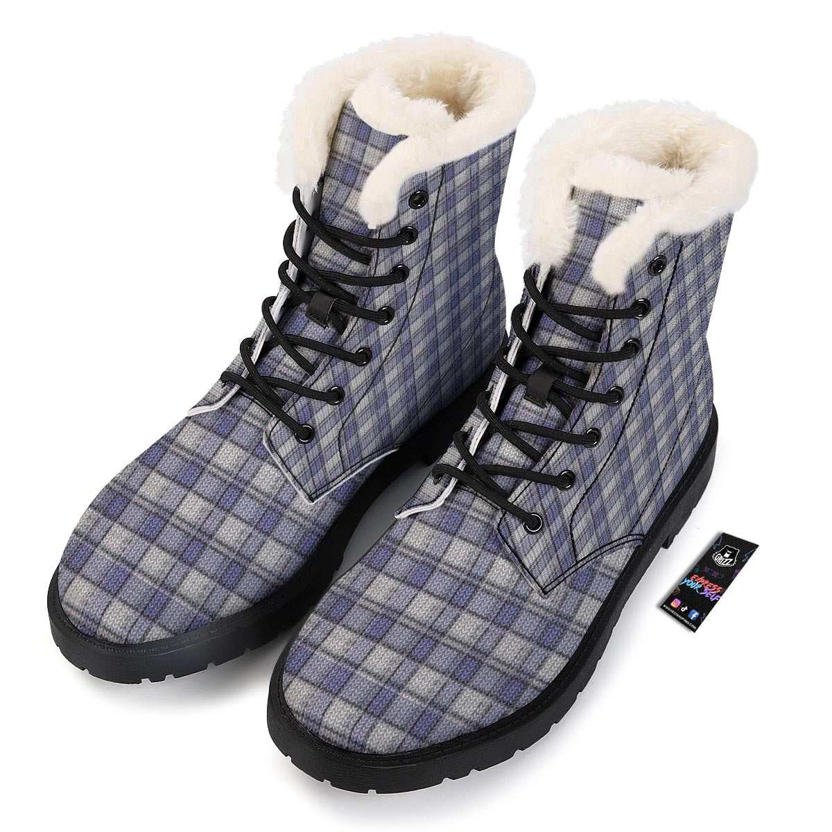 Knitted Tartan Print Pattern Winter Boots-grizzshop