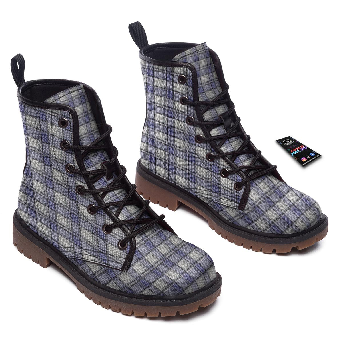 Knitted Tartan Print Pattern Work Boots-grizzshop